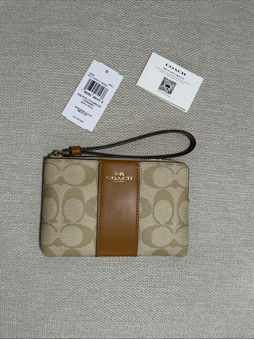 Coach Beige Signature Canvas Wristlet with Tan Leather Stripe